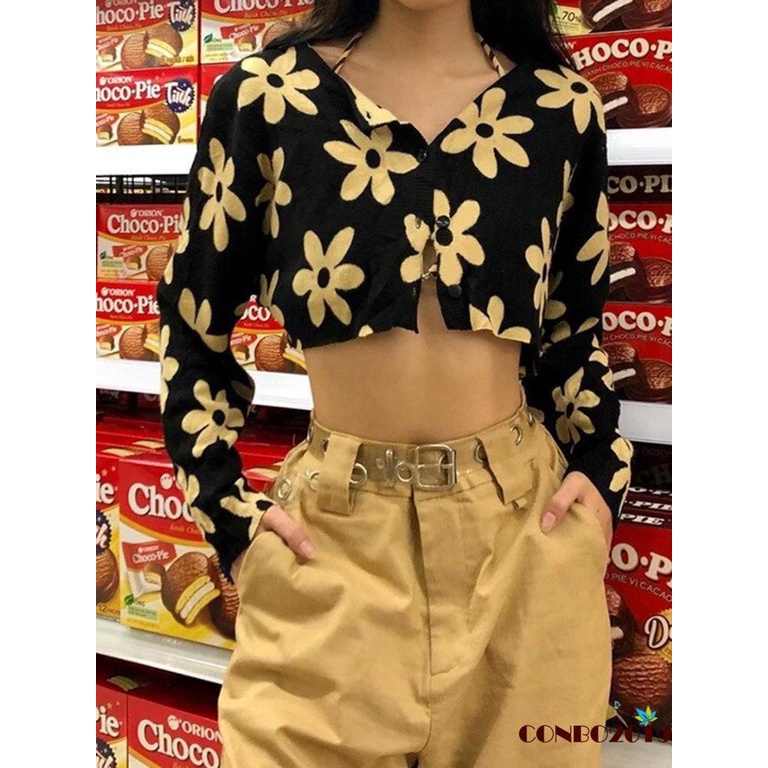 Áo Khoác Cardigan Dài Tay Cổ Chữ V In Họa Tiết Hoa Thời Trang Cho Nữ
