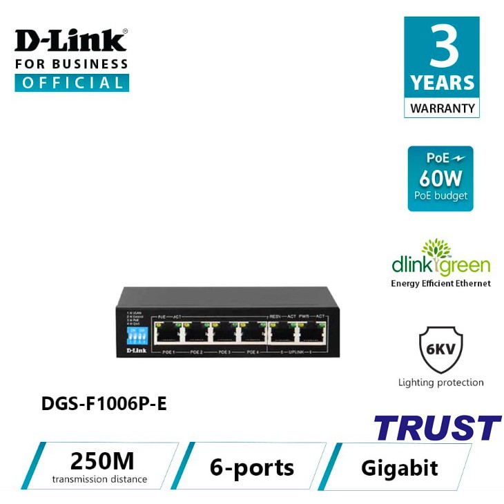 D-LINK DGS-F1006P-E - Bộ chia cổng mạng 250M 6 cổng 10/100/1000 (4 cổng PoE + 2 cổng uplink)