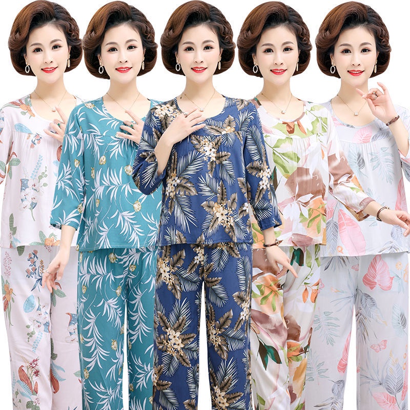 Đồ ngủ trung niên và già của phụ nữ cao tuổi cotton lụa dài tay dịch vụ tại nhà rayon hai mảnh phù hợp với mỏng | BigBuy360 - bigbuy360.vn