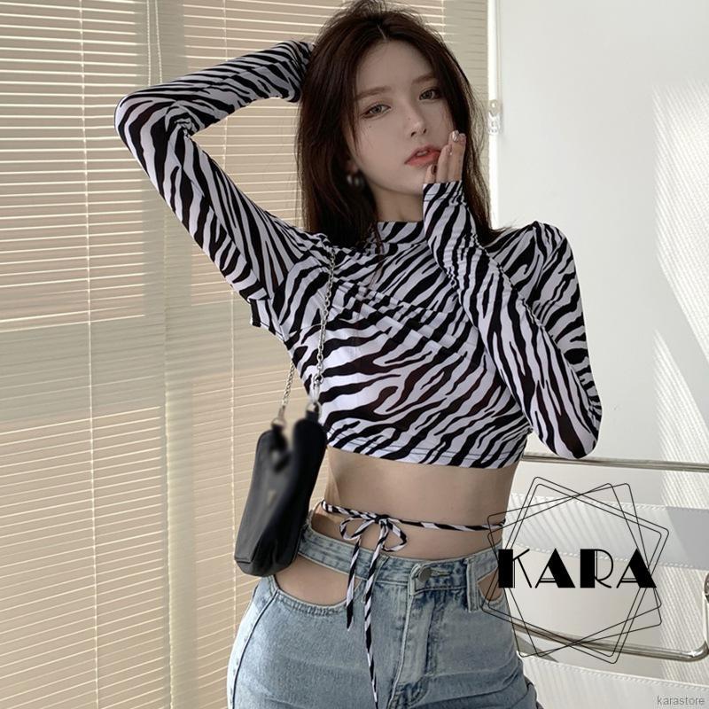 Áo croptop tay dài hở lưng họa tiết da báo Áo Thun Ngựa Vằn Quyến Rũ Cho Nữ