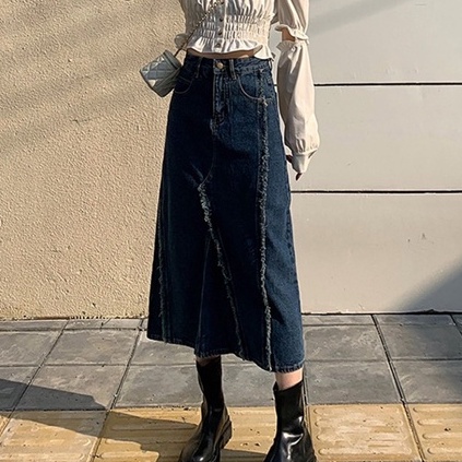 Chân váy jean kaki dáng dài xẻ sau, chân váy midi cạp cao_a16