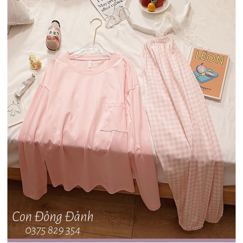 [Mã giảm 20k] BỘ ĐỒ NGỦ MẶC NHÀ DÀI TAY COTTON TRƠN KÈM QUẦN CARO THU ĐÔNG HOT 2021 DN015 CHẤT thun mềm | BigBuy360 - bigbuy360.vn