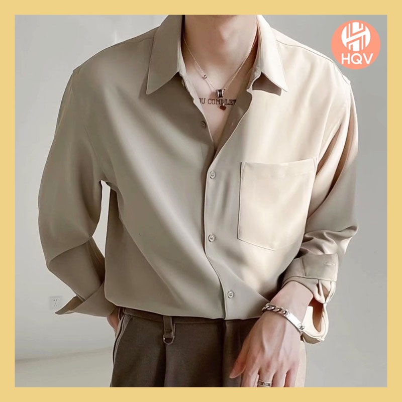 Áo Sơ Mi Tay Dài Cổ Chữ V Dáng Rộng Thoáng Khí Màu Trơn Đơn Giản Thời Trang Mùa Xuân Cho Nam