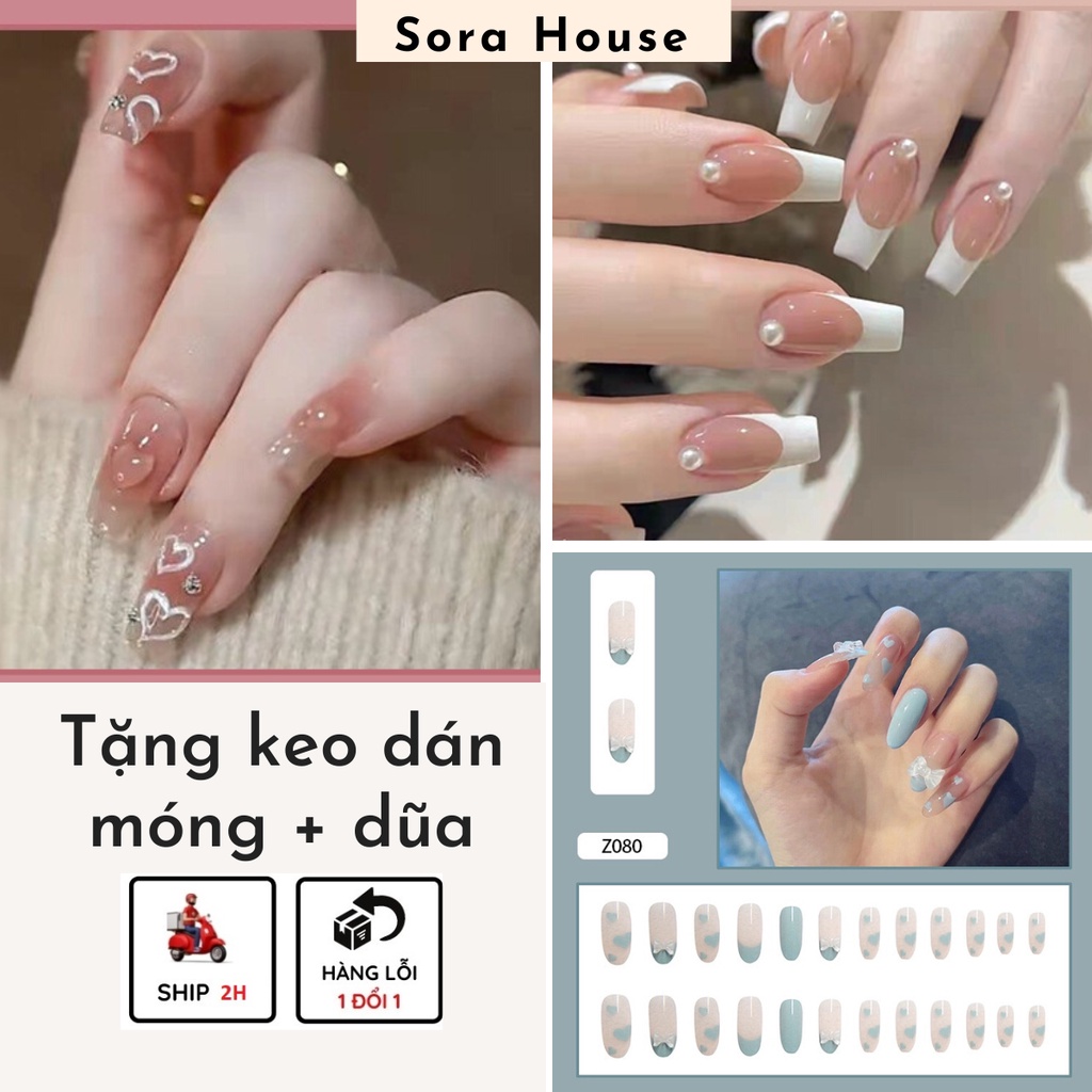 Móng Giả ❤️SHIP 2H - Set 24 Móng Tay Giả Đính Hạt Kèm Keo Dán Móng | Z, W