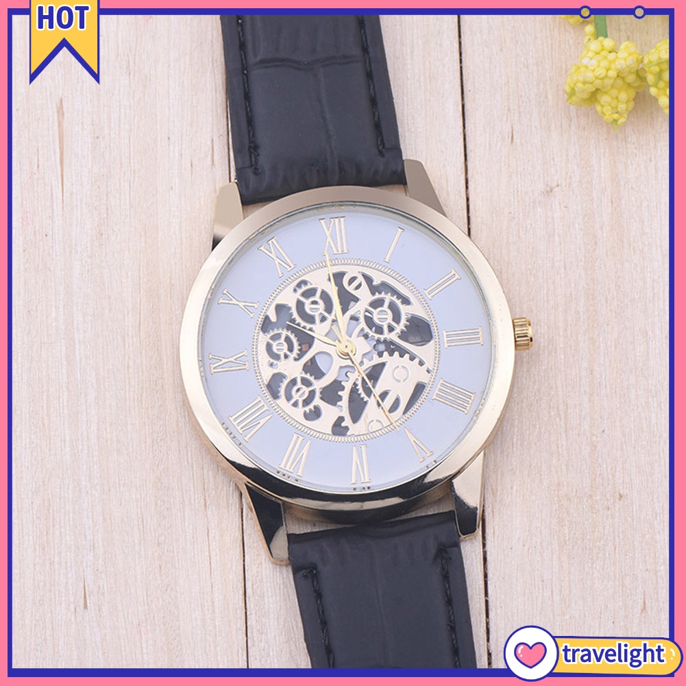 (Travelight) Đồng hồ đeo tay bộ máy quartz mặt hình tròn họa tiết cơ học rỗng dây đeo bằng da giả thời trang cho nam