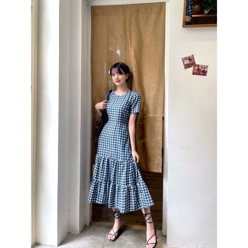 𝐁𝐞𝐥𝐥𝐚 𝐃𝐫𝐞𝐬𝐬 - Desing by momizi hoạ tiết gingham xanh dương, váy dáng dài xoè tầng