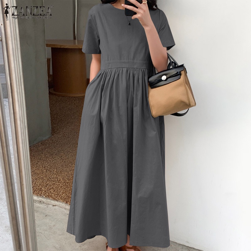 Đầm maxi ZANZEA ngắn tay có khóa kéo sau lưng thời trang cho nữ