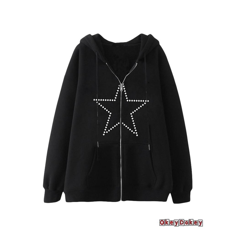 Odokey-y2k Áo Khoác Hoodie Nỉ Tay Dài Có Khóa Kéo Họa Tiết Ngón Tay Đầu Lâu Đính Đá Mặc Vào Mùa Thu Đường Phố