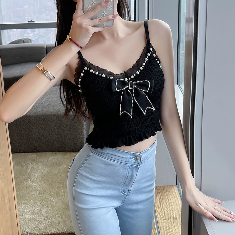 Áo hai dây dáng ôm cổ chữ V đính ngọc trai nhân tạo thời trang mùa hè