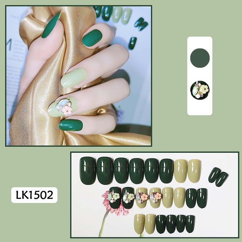 Set 24 móng tay giả đính charm hoa kèm đá lấp lánh móng ngắn đẹp thanh lịch CF