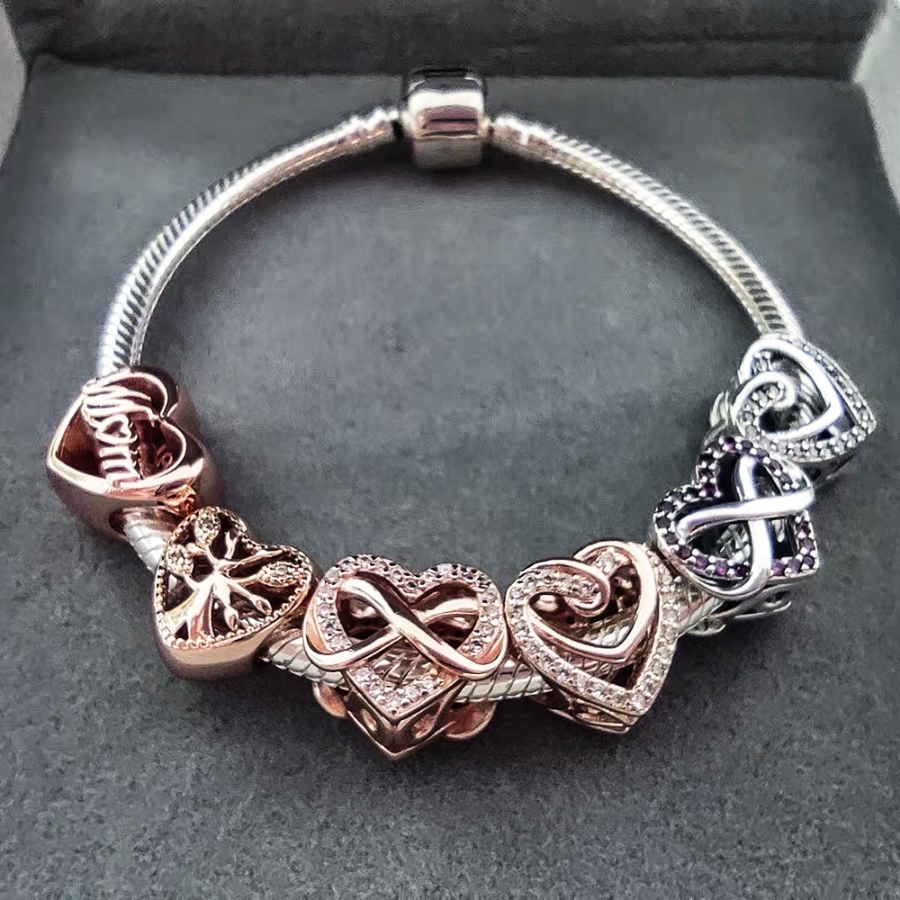 Dây Chuyền Mạ Bạc / Vàng Hồng Đính Hạt Charm Gia Đình Pandora Lấp Lánh