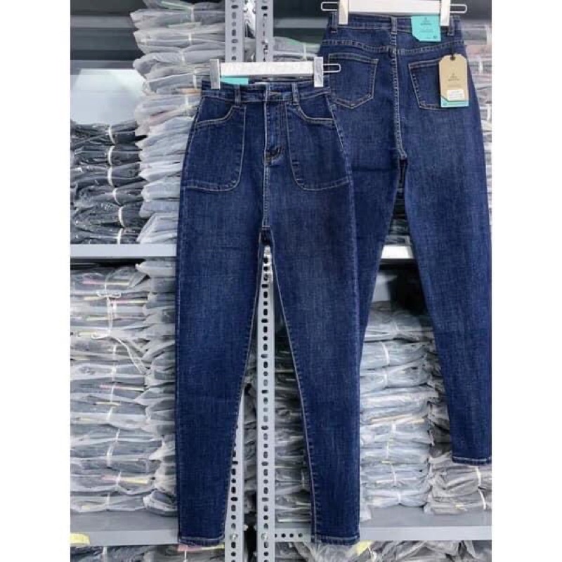 Quần Jean Skinny Xanh Đậm Túi Nổi Thời Trang, Jean Co Giãn Lưng Cao Trên Rốn