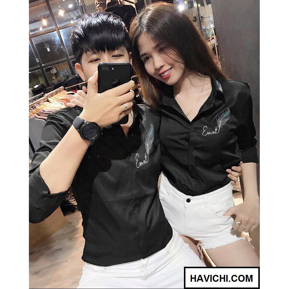 Áo Sơ mi nam đen 💚𝐅𝐑𝐄𝐄𝐒𝐇𝐈𝐏💚 sơ mi nam nữ đen cặp đôi thêu họa tiết lông vũ dễ thương phong cách cá tính - Hàng