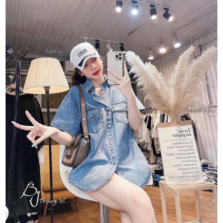 Áo sơ mi jeans hai túi tay ngắnn