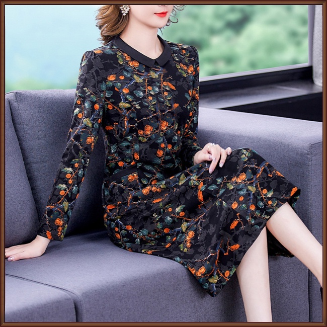 Đầm Chữ A Tay Dài Cổ Chữ V Họa Tiết Hoa Phong Cách Dân Tộc Cổ Điển Dành Cho Nữ