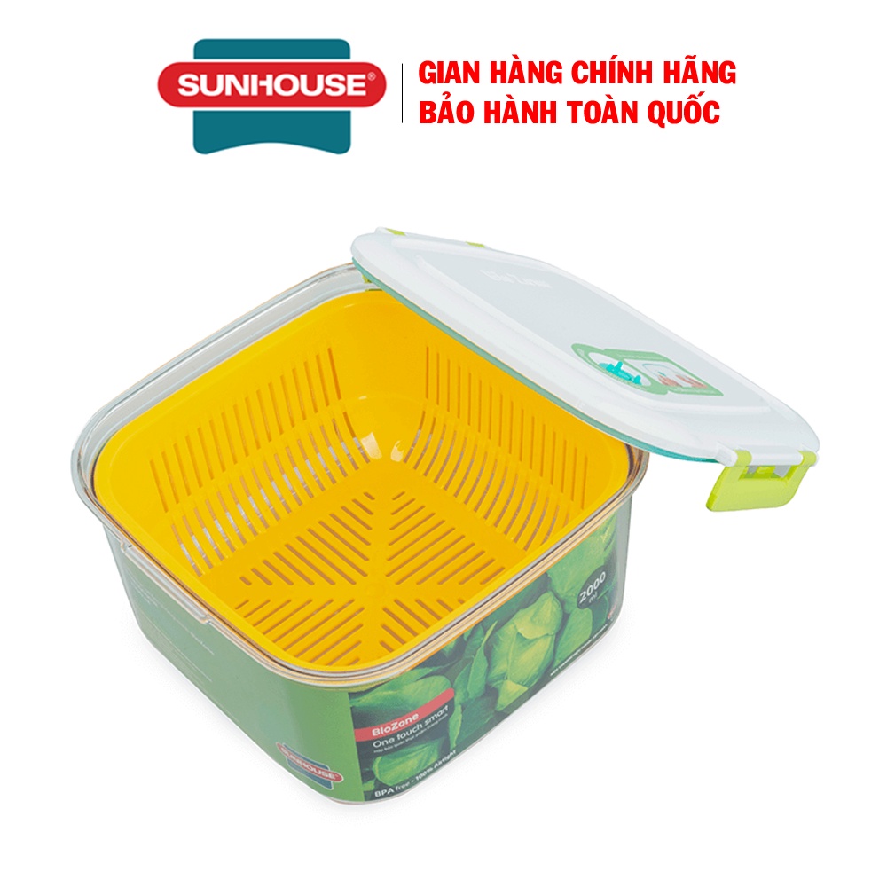 Hộp bảo quản thực phẩm thông minh Sunhouse BioZone vuông 2000ml + Rổ kèm theo tiện dụng  KB-SM2000S1R
