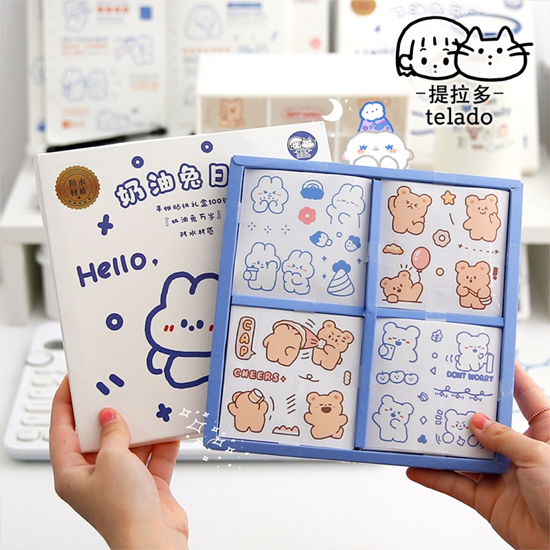 Hộp 100 miếng dán trang trí hình thỏ/ gấu uống sữa dễ thương