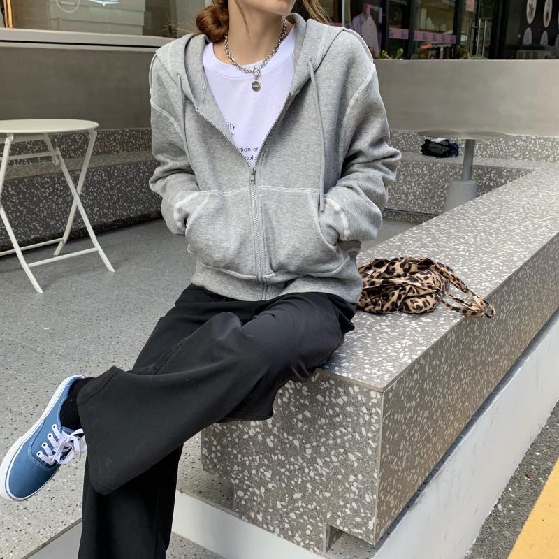 Áo khoác hoodie SUXI dài tay dáng rộng phối khóa kéo thời trang mùa thu Hàn Quốc giản dị dành cho nữ