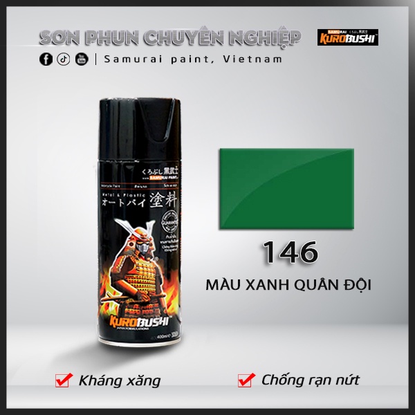 COMBO Sơn Samurai màu xanh quân đội 146 gồm 4 chai đủ quy trình độ bền cao (Lót 2K04 – Nền 102 - Màu 146 - Bóng 2K01)