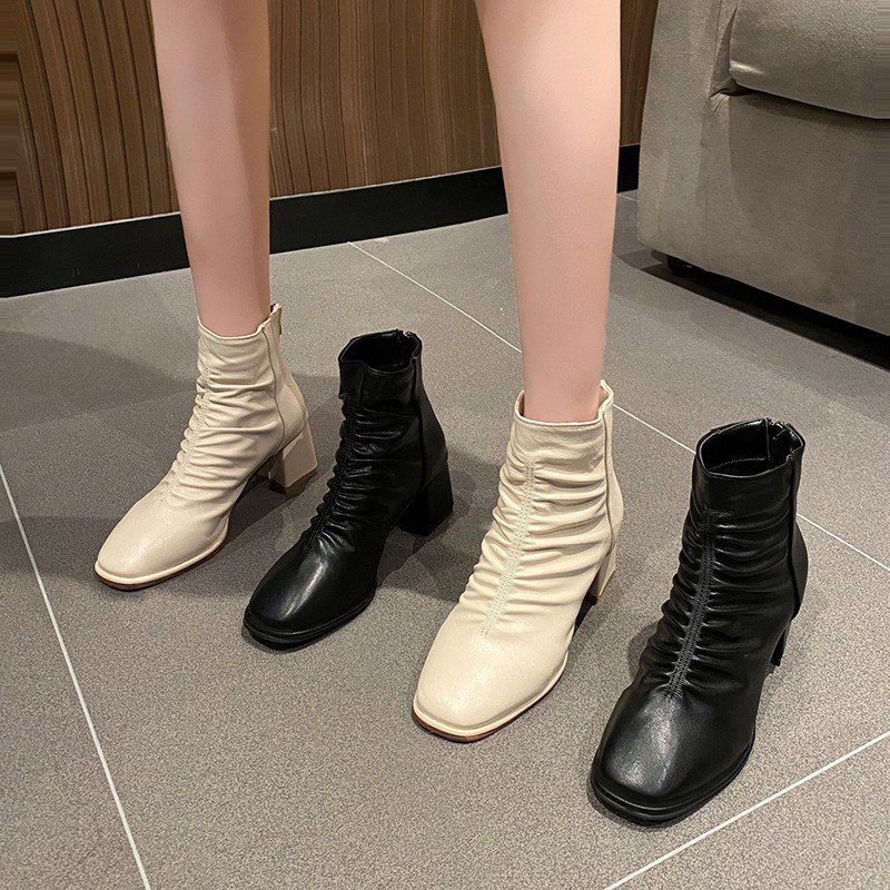 giày  boot thời trang, Bốt nhúm cổ da bóng gót vuông  fullbox hot trend | BigBuy360 - bigbuy360.vn