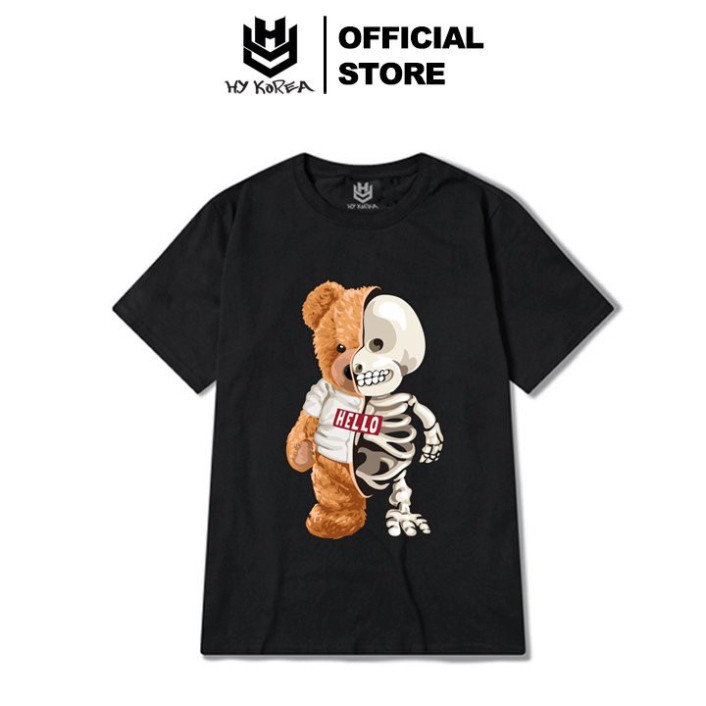 Áo Thun Tay Lỡ Form Rộng Cotton 100% Unisex In Hình Xương Gấu Hello 208 - HY Korea.
