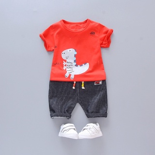 Set Đồ 2 Món Gồm Áo Thun Cotton Tay Ngắn Cổ Thuyền In Hình Khủng Long Và Quần Ngắn Cho Bé