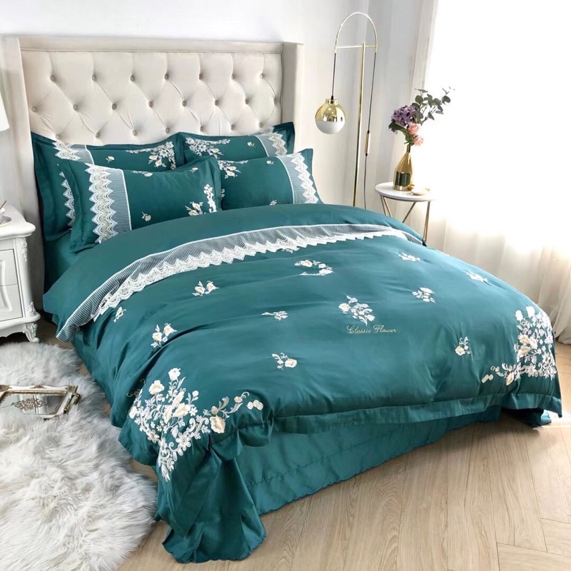 Bộ 4 món vỏ chăn ga gối Lụa Satin cao cấp xanh phối ren