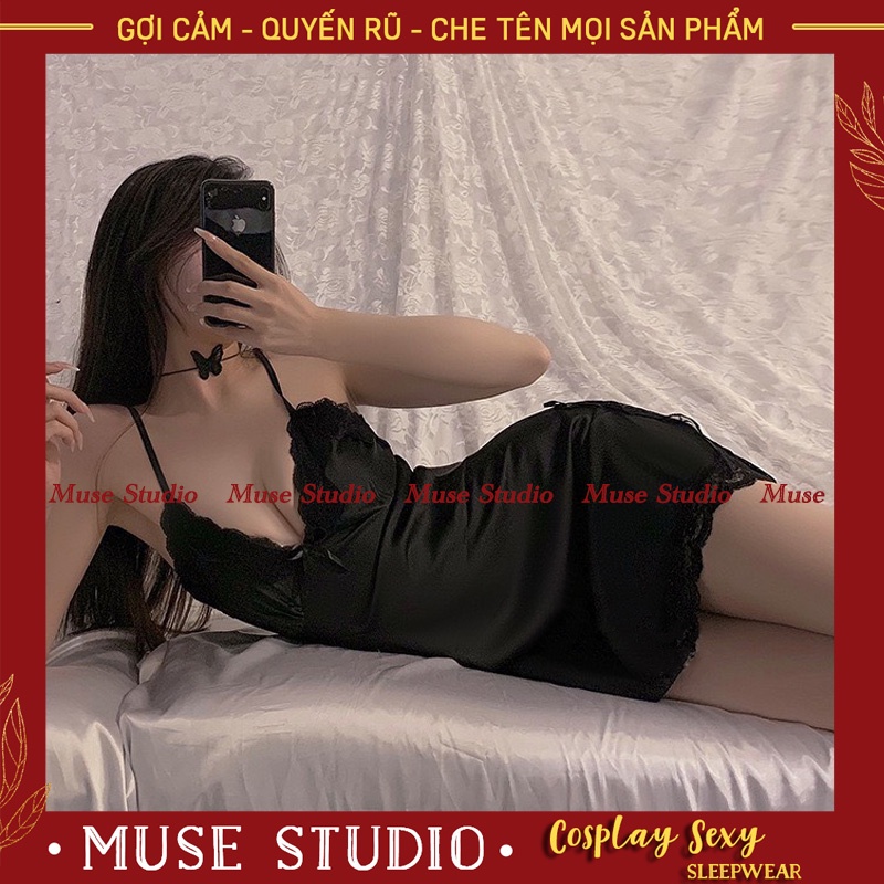 Váy ngủ sexy, đầm ngủ gợi cảm vải phi bóng mềm đẹp xẻ hai bên đùi đính nơ MUSE STUDIO