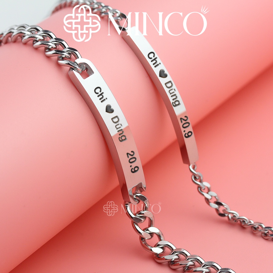 Lắc tay đôi khắc tên Nam Nữ Minco Accessories kiểu dáng xích xoắn màu bạc phong cách Hàn Quốc LT60
