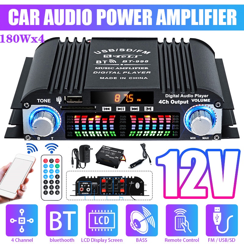 12V/220V 800W Bộ Khuếch Đại Âm Thanh HiFi bluetooth 4 Kênh Cho Xe Hơi + Bộ Phụ Kiện Đi Kèm Loa ô tô