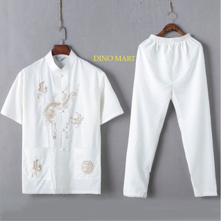 Áo sơ mi nam trung niên cổ tàu thêu rồng phượng - Lynk Shop
