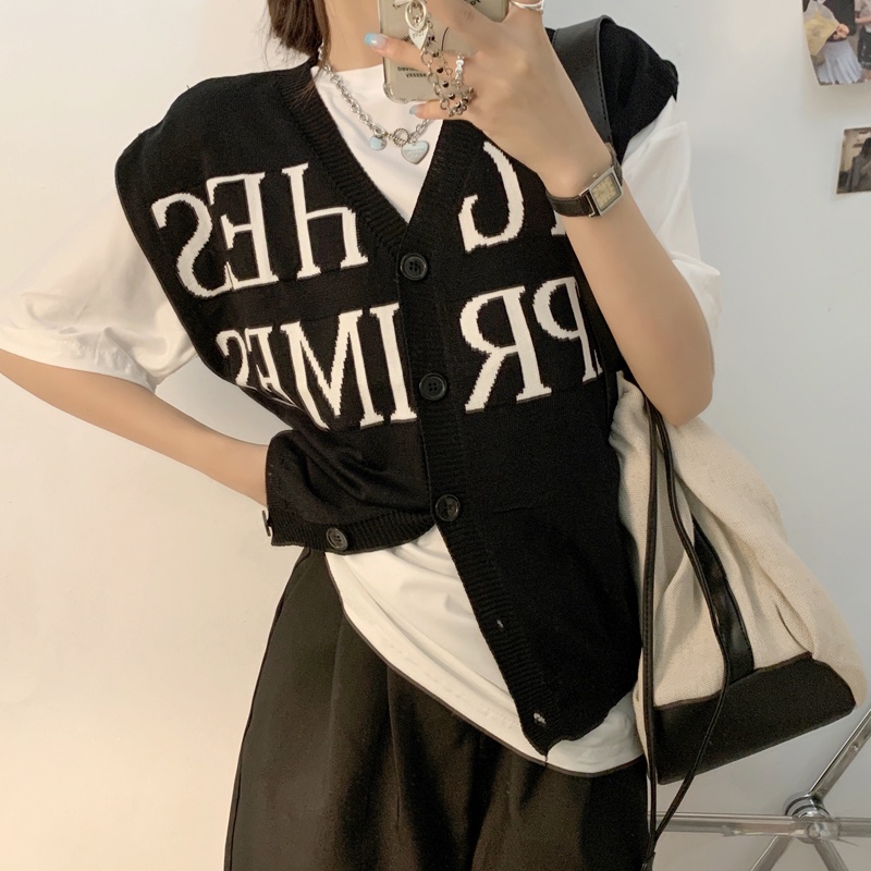 Porozi  Áo Crop Top dệt kim không tay cổ chữ V dáng rộng in chữ phong cách Hàn Quốc