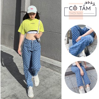 Quần Jean LV Nữ Thêu Họa Tiết GC Nữ, Baggy Nữ, Dáng Suông Rộng - Màu Xanh Nhạt, Xanh Đậm - Ulzzang Hàn Quốc (GC)