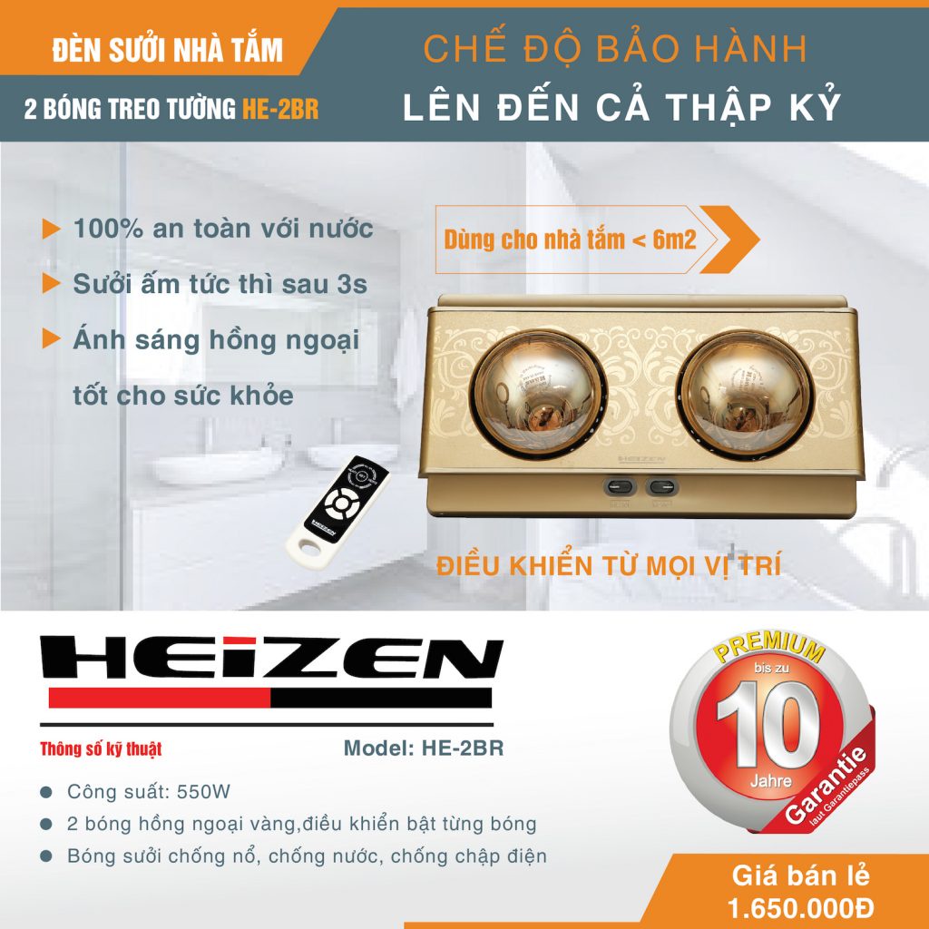 Đèn sưởi Heizen 2 bóng có điều khiển HE2BR- HÀNG CHÍNH HÃNG- BẢO HÀNH TOÀN QUỐC