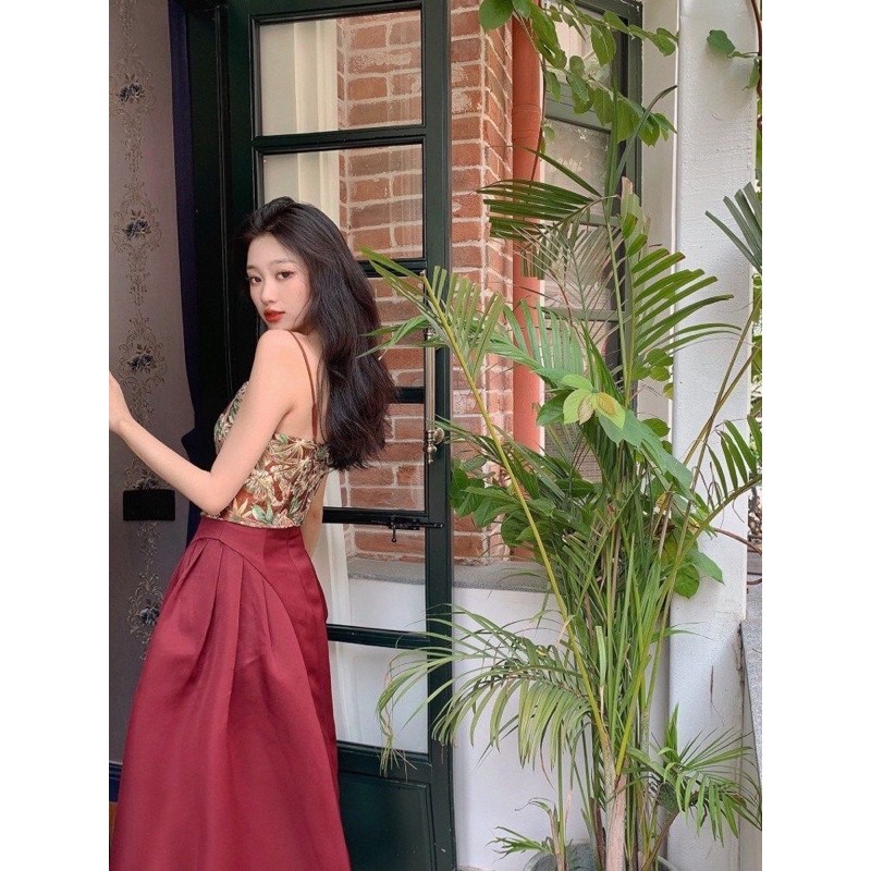 SET Áo Dây Ôm Croptop Hoa + Váy Xoè Đỏ Đô Sang Chảnh
