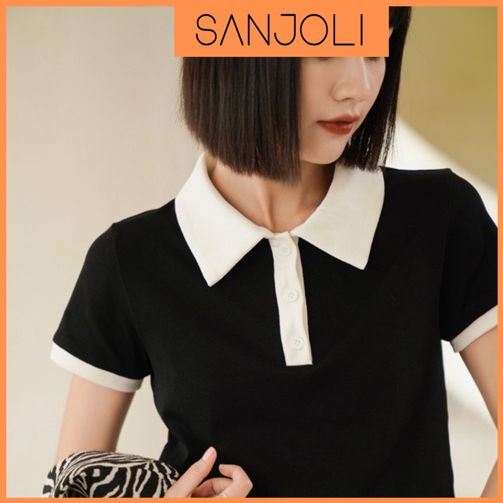 Áo Polo Croptop Kiểu Nữ Tay Ngắn Có Cổ Sơ Mi Bẻ Phông Crt Thể Thao Classic Đẹp Đen Trắng SANJOLI AO015