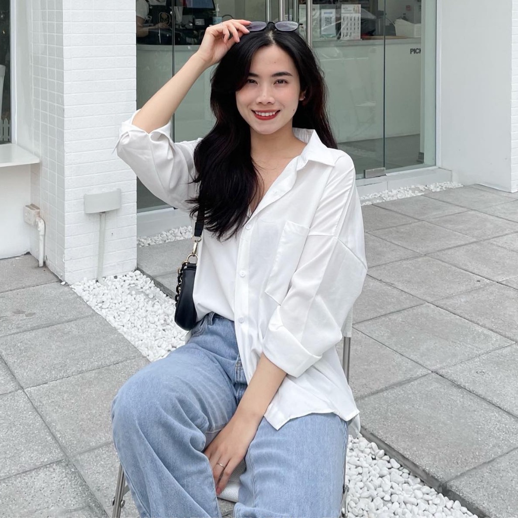Áo sơ mi nữ trắng form rộng dài tay Hada, chất vải lụa đẹp phong cách đơn giản - SM02