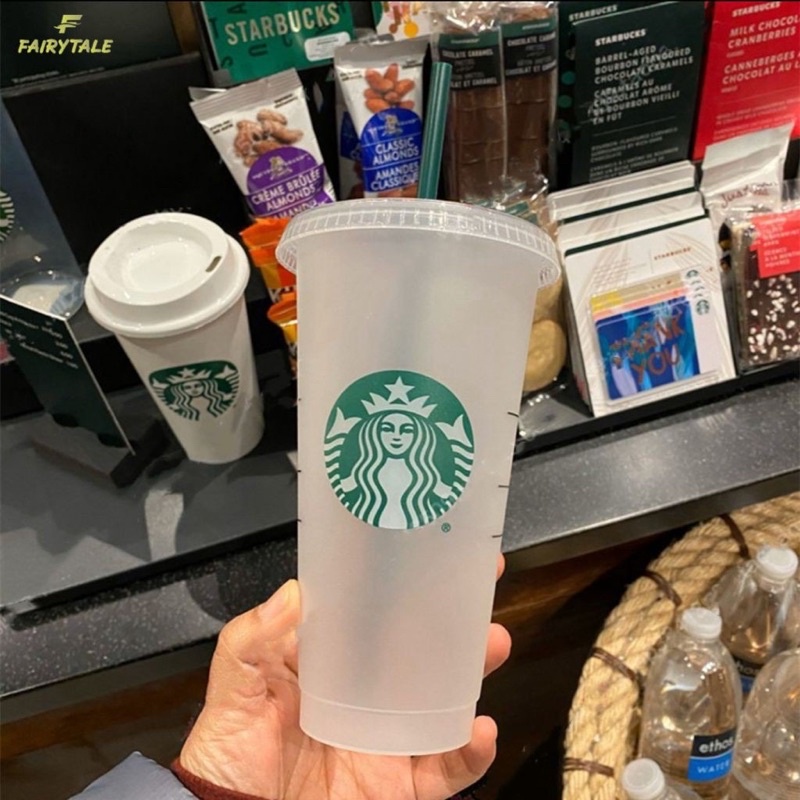 Ly nhựa uống nước in hình STARBUCKS kèm ống hút có thể tái sử dụng