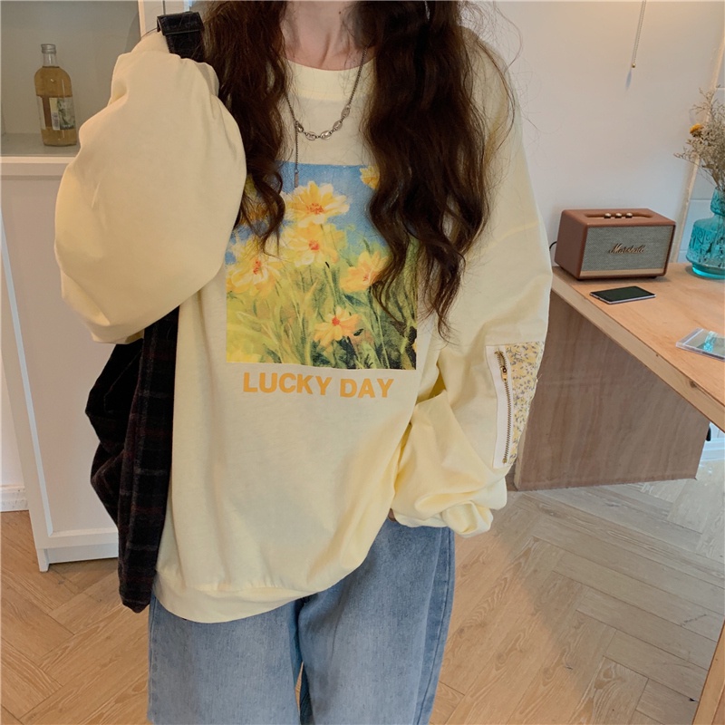 SUXI Áo Thun Sweater Thể Thao Tay Dài Cổ Tròn Dáng Rộng In Họa Tiết Thời Trang Mùa Thu