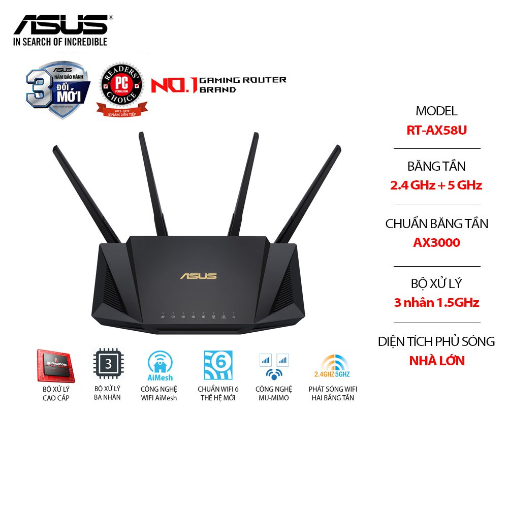 Bộ phát wifi ASUS RT-AX58U Wifi 6 AX3000 2 băng tần