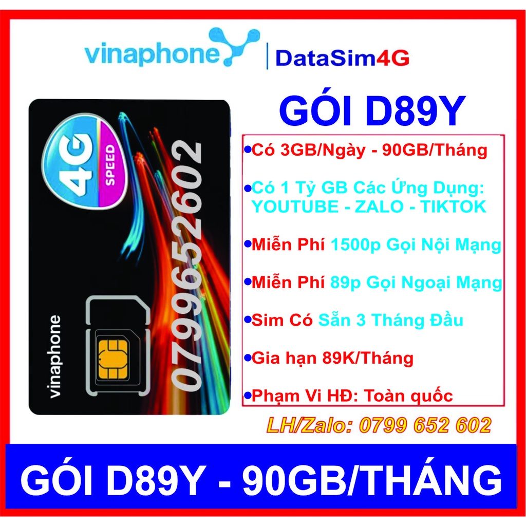 [Free 3 Tháng] Sim 5G Vinaphone Gói D89Y 90GB/Tháng - 1 Tỷ GB YOUTUBE, ZALO, TIKTOK