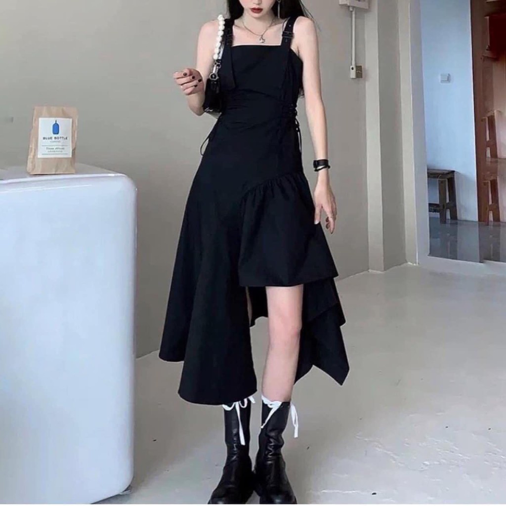 Váy 2 dây đen đan dây eo lệch vạt tầng phong cách, cá tính (kèm video/ảnh thật) Xưởng Sỉ Nguyễn Hoa