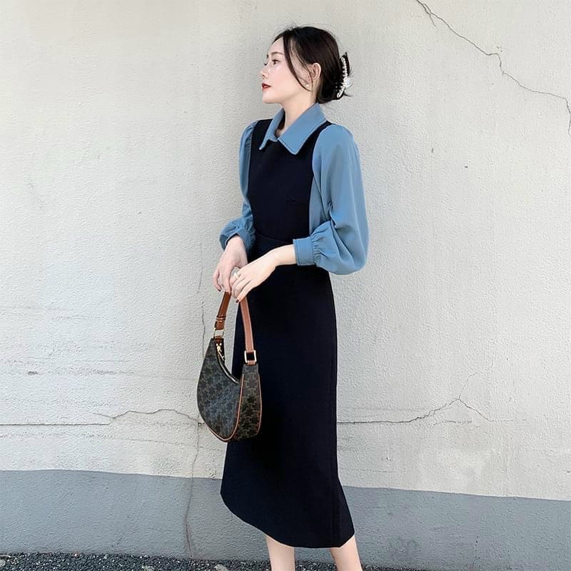 Đầm váy midi đen phối xanh tay dài