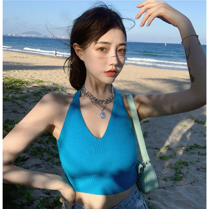 Áo yếm 2 dây hở lưng dáng croptop, Áo hai dây bản to dệt kim len tăm cổ V ulzzang Hàn Quốc C76 - MaoMao | BigBuy360 - bigbuy360.vn