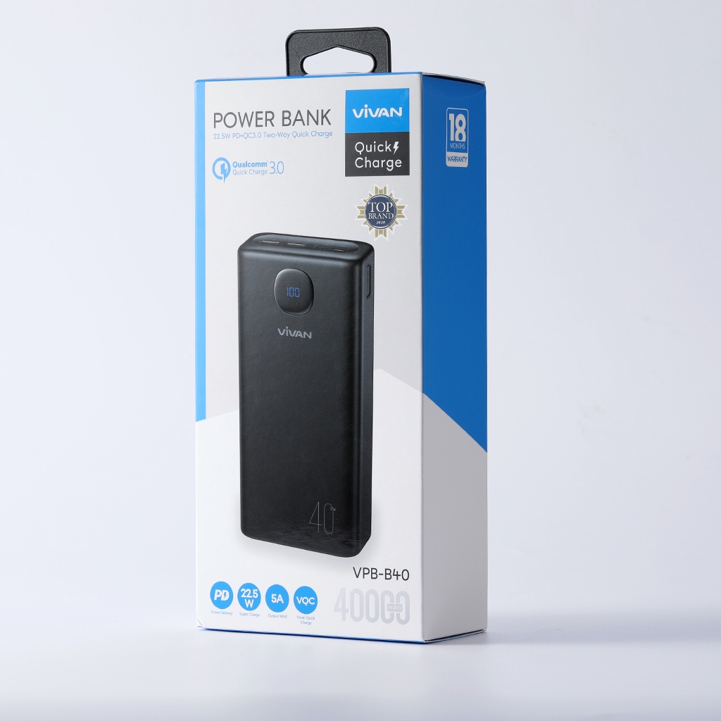 Pin Sạc Dự Phòng Sạc Nhanh 40.000mAh PD/QC 3.0/VOOC 22.5W VIVAN VPB-B40 3 Output USB-A &amp;Type C Hàng Chính Hãng