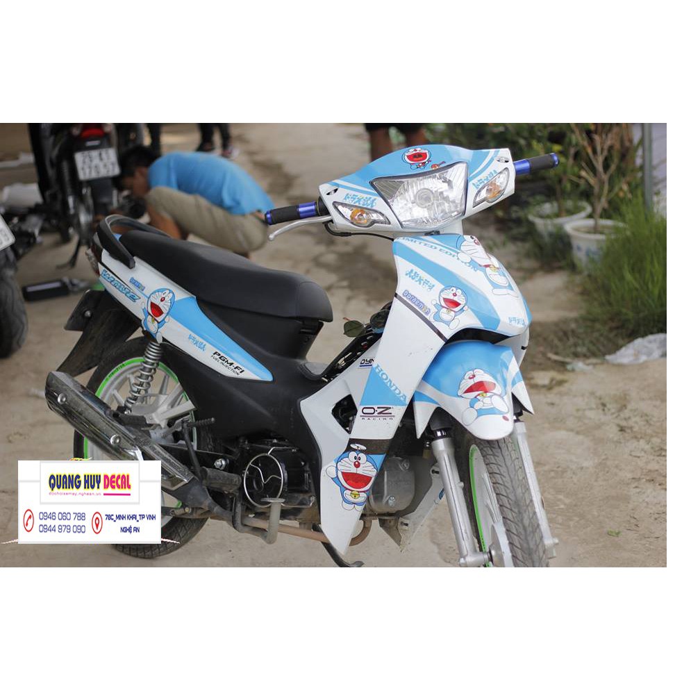 Tem trùm wave ♦FREESHIP♦ doremon xanh trắng alpha 110, độ phủ bộ team decal cho xe máy rẻ đẹp (dán đời 2006-2020)