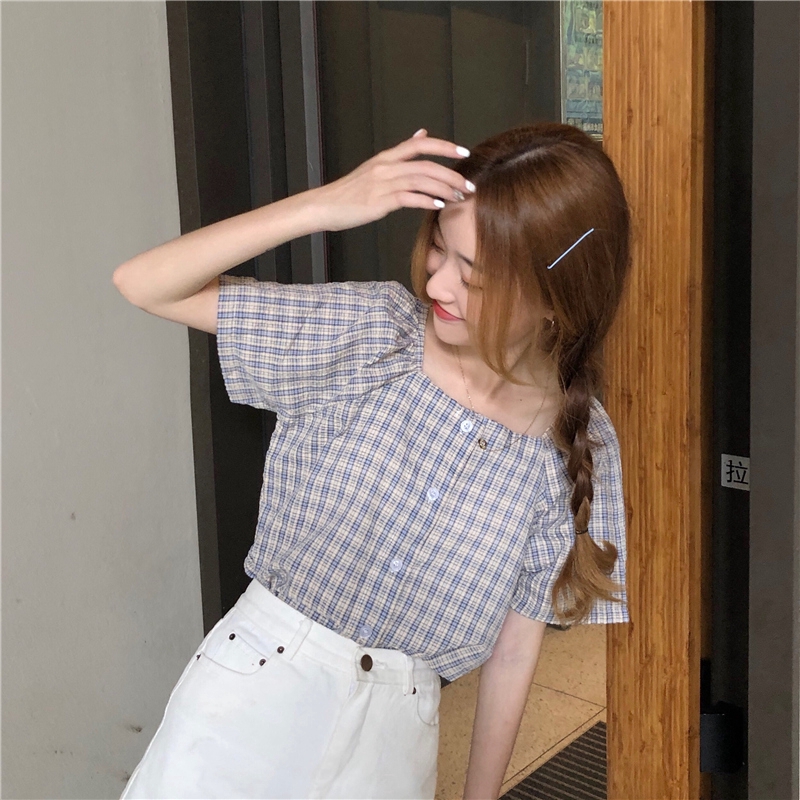 Áo sơ mi SUXI tay ngắn cổ vuông họa tiết sọc caro phong cách retro thời trang mùa hè cho nữ