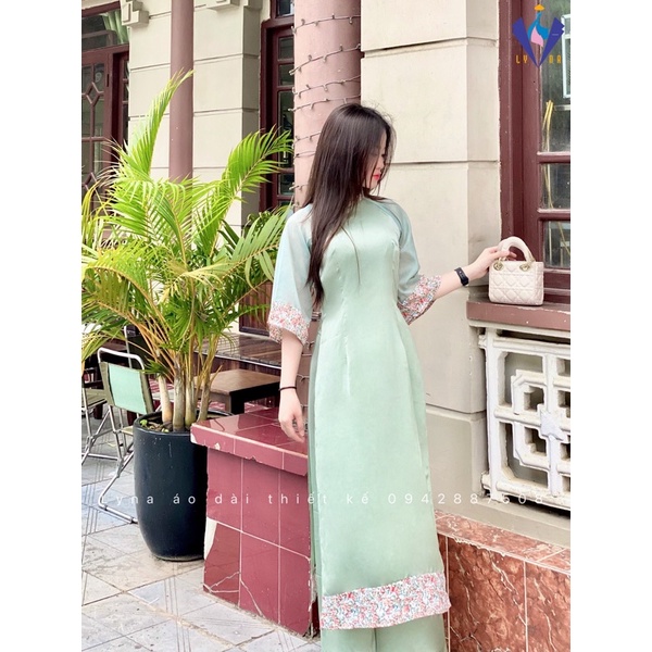 Áo dài cách tân nữ, áo dài lụa đính hạt ngọc phối hoa siêu dễ thương