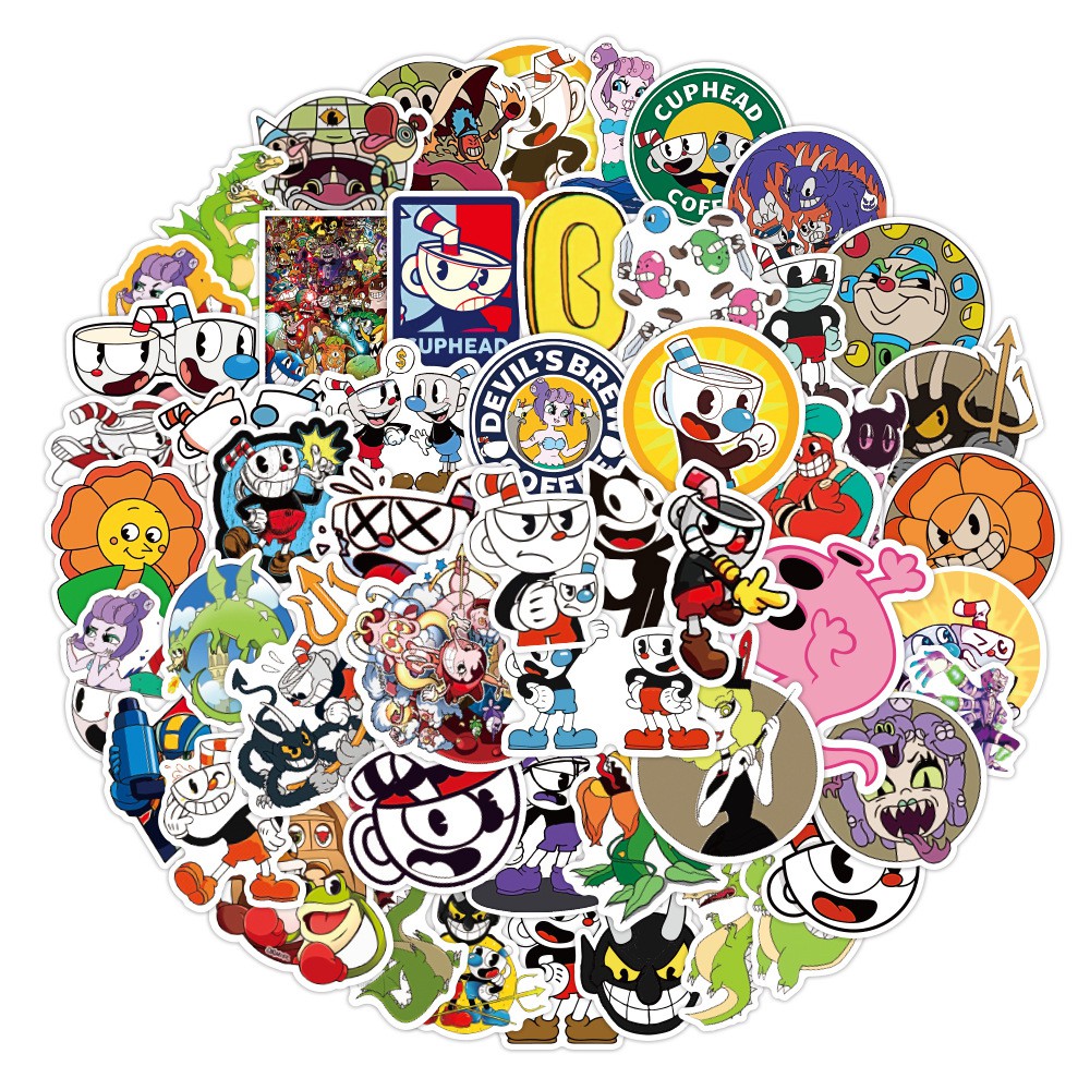 Y&P| Hình Dán Chống Nước Cuphead Trò Chơi Điện Tử Mũ Bảo Hiểm Máy Tính Xách Tay Hành Lý Dán Thiết Lập, 50 tờ
