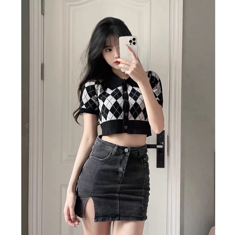 Áo khoác cardigan in caro tay dài cổ bẻ phong cách Hàn Quốc cho nữ